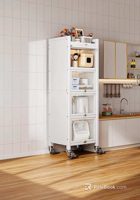 White Wine Cabinet On Wheels With Glass Storage Shelves In Modern Kitchen Interior 3d model 
