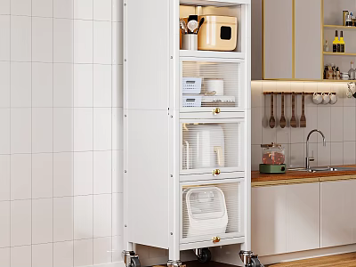 White Wine Cabinet On Wheels With Glass Storage Shelves In Modern Kitchen Interior 3d model