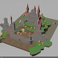 3D Designed Castle Structure Featuring Red Spires Gray Walls Green Grass And Orange Decor