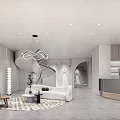Modern Bridal Shop Interior with White Reception Desk Spiral Staircase Decorative Wall Art and Chandelier