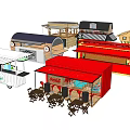 Various Small Commercial Structures Including Food Carts Wooden Stalls And Outdoor Seating