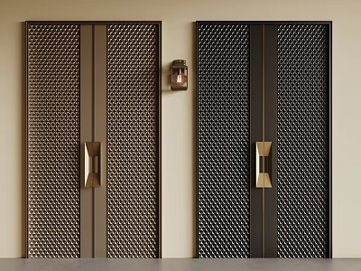 Modern Swing Doors In Brown Black With Perforated Grid Design And Golden Handles 3d model