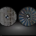 Medieval Shields With Wooden Texture Horizontal Stripes Blue White Radial Patterns And Central Metal Bosses