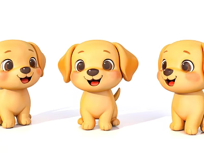 Three Cute Yellow Cartoon Puppy 3D Sculpture Carving With Adorable Expressions 3d model