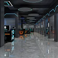 Modern Internet Cafe Interior Design With Front Counter Neon Lights And Price Screens