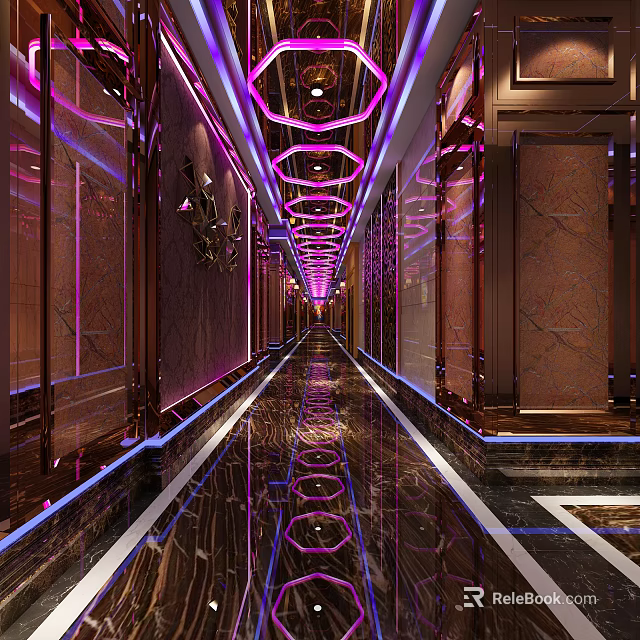 Elegant Elevator Corridor With Purple Lighting Reflective Floor And Decorative Walls 3d model 