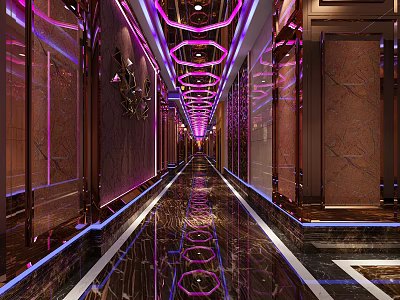 Elegant Elevator Corridor With Purple Lighting Reflective Floor And Decorative Walls 3d model