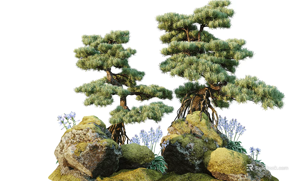 Two Bonsai Trees With Exposed Roots Rocky Base And Purple Flowers 3d model 