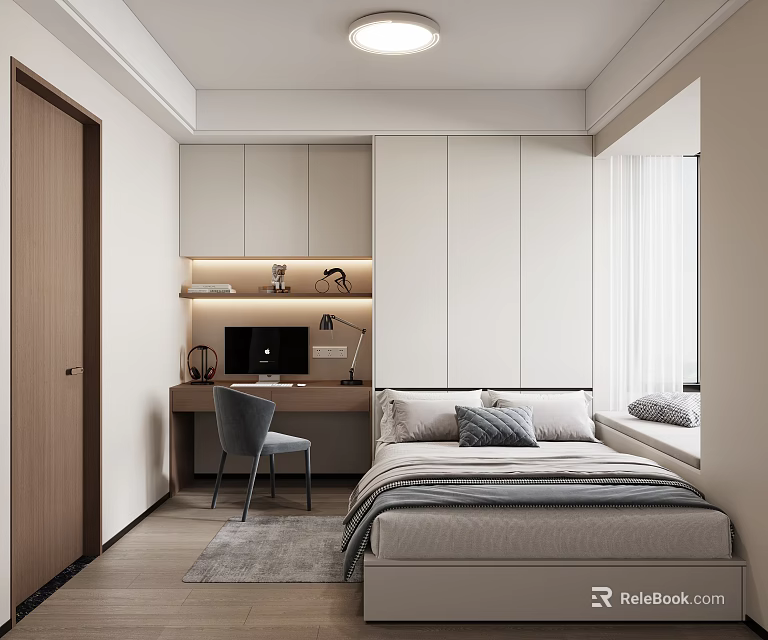 Minimalist Tatami Bedroom Interior With Desk Chair Window Curtains And Storage Cabinets 3d model 