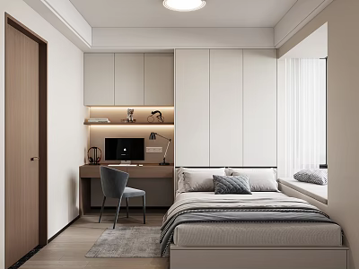 Minimalist Tatami Bedroom Interior With Desk Chair Window Curtains And Storage Cabinets 3d model