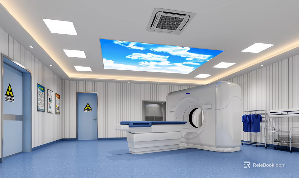 Medical Examination Room With CT Scanner Blue Floor White Walls And Sky Ceiling 3d model 