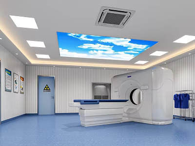 Medical Examination Room With CT Scanner Blue Floor White Walls And Sky Ceiling 3d model