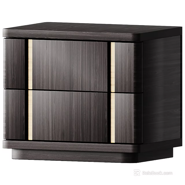 Modern Minimalist Dark Wood Nightstand With Two Drawers And Golden Accents 3d model 