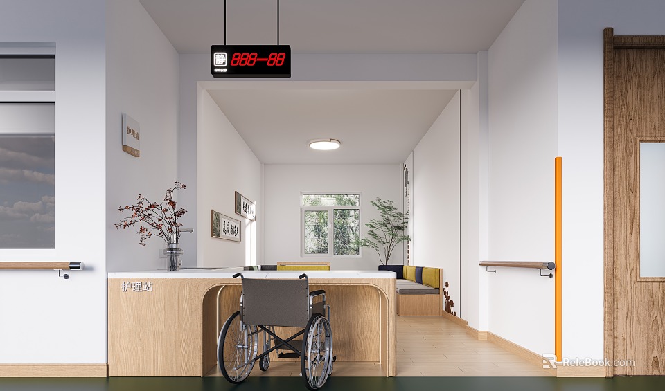 Accessible Public Office Area With Wooden Reception Desk Wheelchair Digital Clock Handrail And Green Plants 3d model 