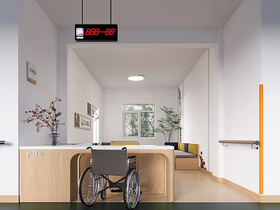 Accessible Public Office Area With Wooden Reception Desk Wheelchair Digital Clock Handrail And Green Plants 3d model