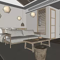 Natural Style Hotel Room With Wooden Furniture Cozy Sofa Bed Coffee Table And Rattan Ceiling