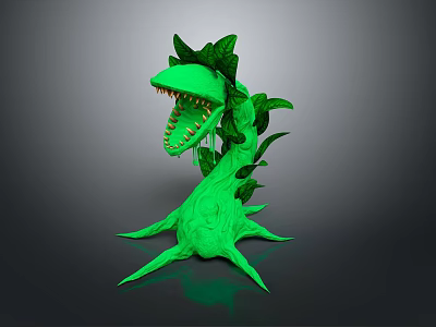 Green Mythical Fantasy Animal With Open Mouth Sharp Teeth And Leafy Tentacles 3d model