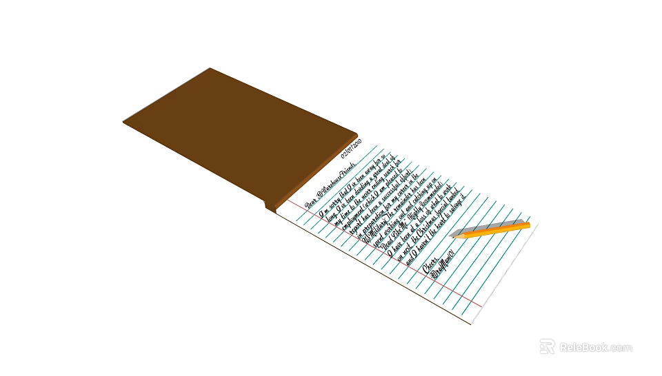 Open Notebook With Brown Cover Featuring Handwritten Notes And Yellow Pencil 3d model 