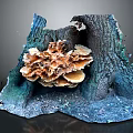 Vibrant Orange Mushrooms Cluster Growing On Old Tree Stump With Textured Bark