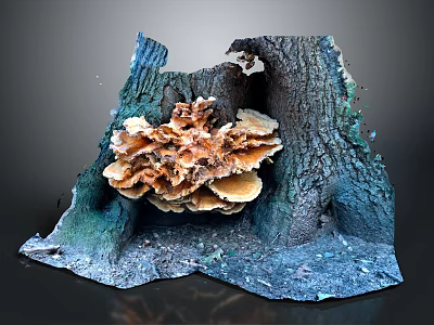 Vibrant Orange Mushrooms Cluster Growing On Old Tree Stump With Textured Bark 3d model