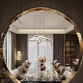 Elegant Modern Open Concept Living And Dining Room With Chandelier Sofa Marble Wall Piano TV