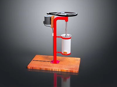 Manual Hardware Tool With Red Stand Black Wheel White Container And Wooden Base 3d model