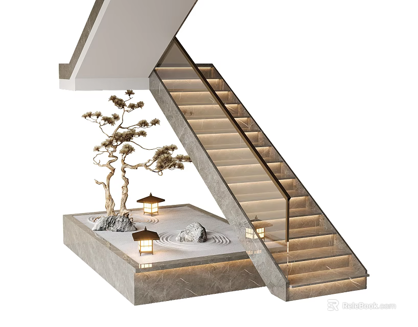 Modern Staircase With Glass Railing Lit Steps And Small Pine Tree Lanterns Stone Decor 3d model