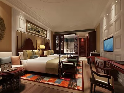 Elegant Hotel Guest Room With Comfortable Bed Colorful Rug TV And Wooden Desk 3d model