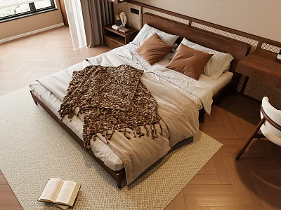 Cozy Double Bed With Wooden Headboard Brown Pillows Knitted Blanket On Area Rug 3d model