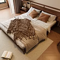Cozy Double Bed With Wooden Headboard Brown Pillows Knitted Blanket On Area Rug