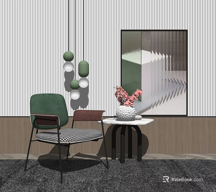 Green Accent Chair In Modern Interior With Side Table Pink Flowers And Geometric Wall Art 3d model 