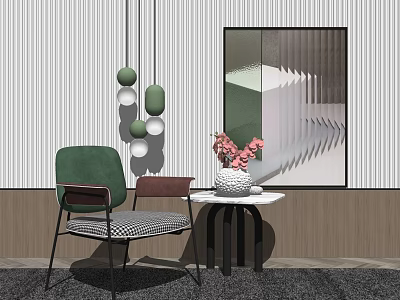 Green Accent Chair In Modern Interior With Side Table Pink Flowers And Geometric Wall Art 3d model