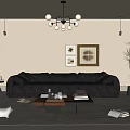 Modern Living Room Interior With Black Sofa Coffee Table Chandelier And Decorative Paintings