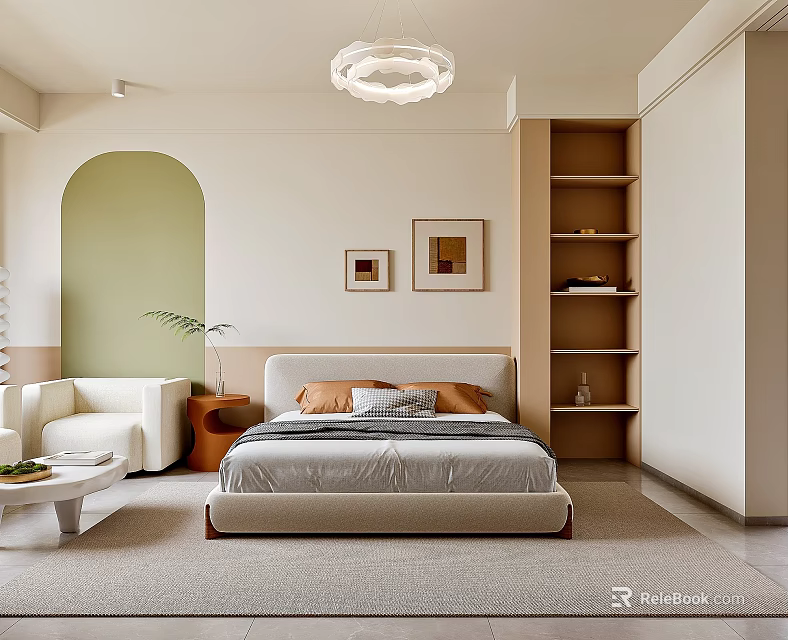 Modern Hotel Room Interior Design With Upholstered Bed Arched Wall Decorative Paintings And Bookshelves 3d model 
