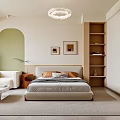 Modern Hotel Room Interior Design With Upholstered Bed Arched Wall Decorative Paintings And Bookshelves
