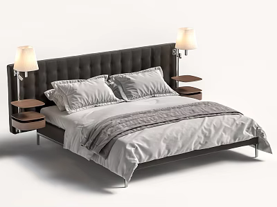 Modern Double Bed with Upholstered Headboard Gray Bedsheets Pillows and Nightstands with Table Lamps 3d model
