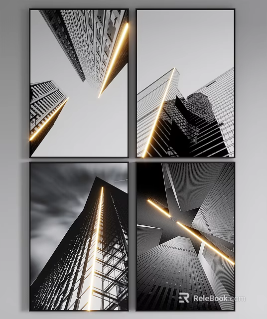 Black and White City Building Landscape Paintings With Golden Accent Lines 3d model 