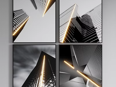 Black and White City Building Landscape Paintings With Golden Accent Lines 3d model