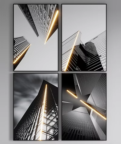 Black and White City Building Landscape Paintings With Golden Accent Lines 3d model