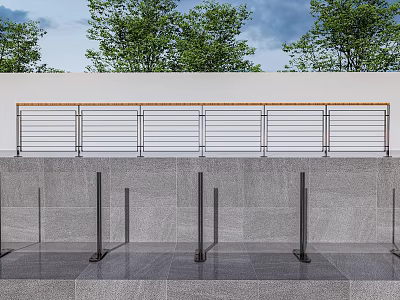 Modern Metal Railing Exterior Design With Stone Wall And Tree Background 3d model