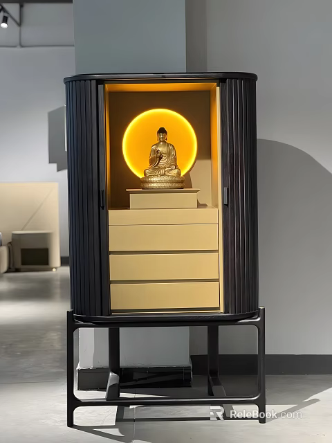 Modern Buddhist Shrine Cabinet With Golden Buddha Statue Yellow Circular Halo And Drawers 3d model 