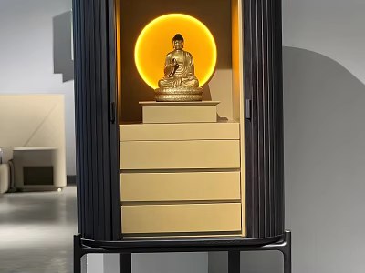 Modern Buddhist Shrine Cabinet With Golden Buddha Statue Yellow Circular Halo And Drawers 3d model