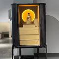 Modern Buddhist Shrine Cabinet With Golden Buddha Statue Yellow Circular Halo And Drawers