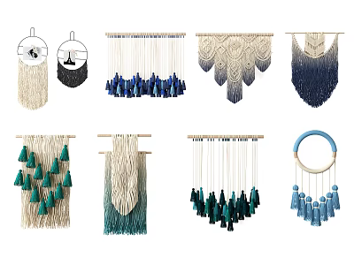 Macramé Wall Hangings With Tassels In Beige Black Blue Green Woven Patterns 3d model