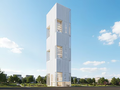 Modern White Tall Tower Hotel Building Exterior With Windows And Green Trees 3d model