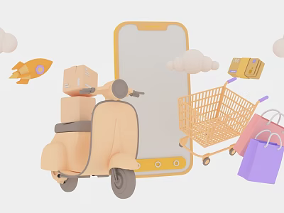 Mobile Shopping Experience with Smartphone Shopping Cart Colorful Bags Packages and Rocket Delivery 3d model