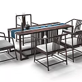 Chinese Style Wooden Tea Table And Chairs With Decorative Painting And Rug