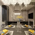 Elegant Dining and Living Room Interior with Chandelier Round Mirror and Table Setting