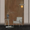 Light Gray Accent Chair by Side Table with Dried Branch Vase and Brown Textured Wall