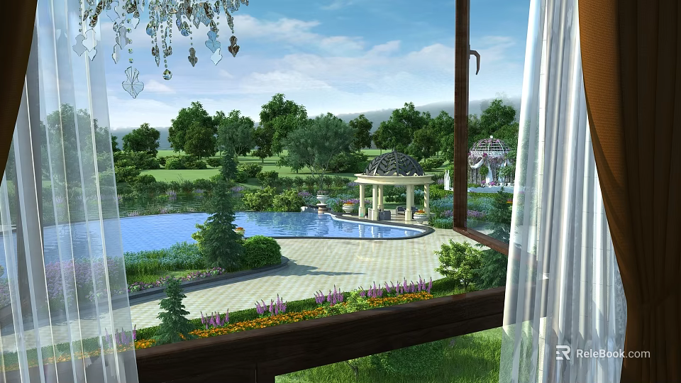 Garden Landscape View From Window With Swimming Pool Gazebo And Colorful Flowers 3d model 